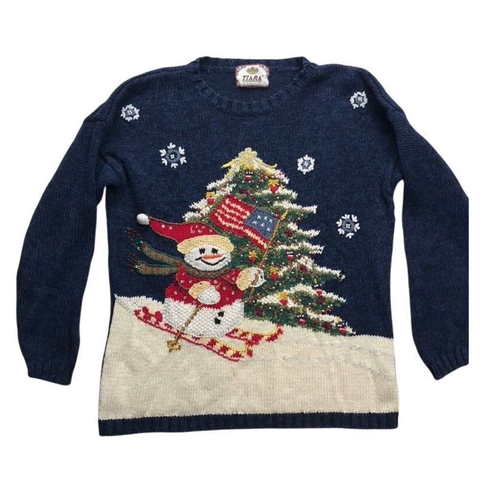 Tiara International Snowman Skiing American Flag Ugly Christmas Sweater Women L